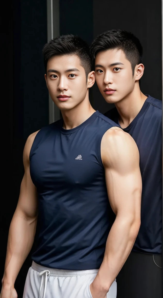 Two male lovers in their 20s took a photo together...., Wear a navy shirt......................, High resolution, masterpiece, best quality, head:1.3,((Hasselblad photos)), delicate skin, Full chest muscles，abdominal muscles，topless，Ultra-thin tight baseball pants，very handsome，Clear focus, (Cinema lighting), night, soft light, Dynamic angle, [:(Detailed face:1.2):0.2],(((exercise))), kinetic, Arm muscles are big........., hands on hips.