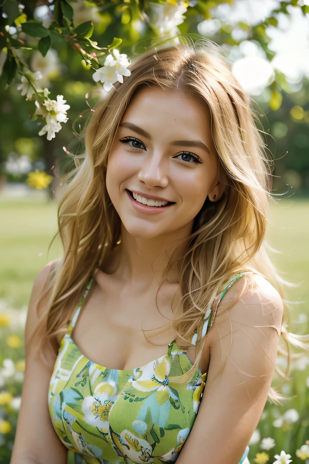 wind blowing through her hair, joyful expression, vibrant colors, bokeh effect, blurred background, spring garden, green grass, blooming flowers, sunlit atmosphere, naturel light, blonde hair girl,