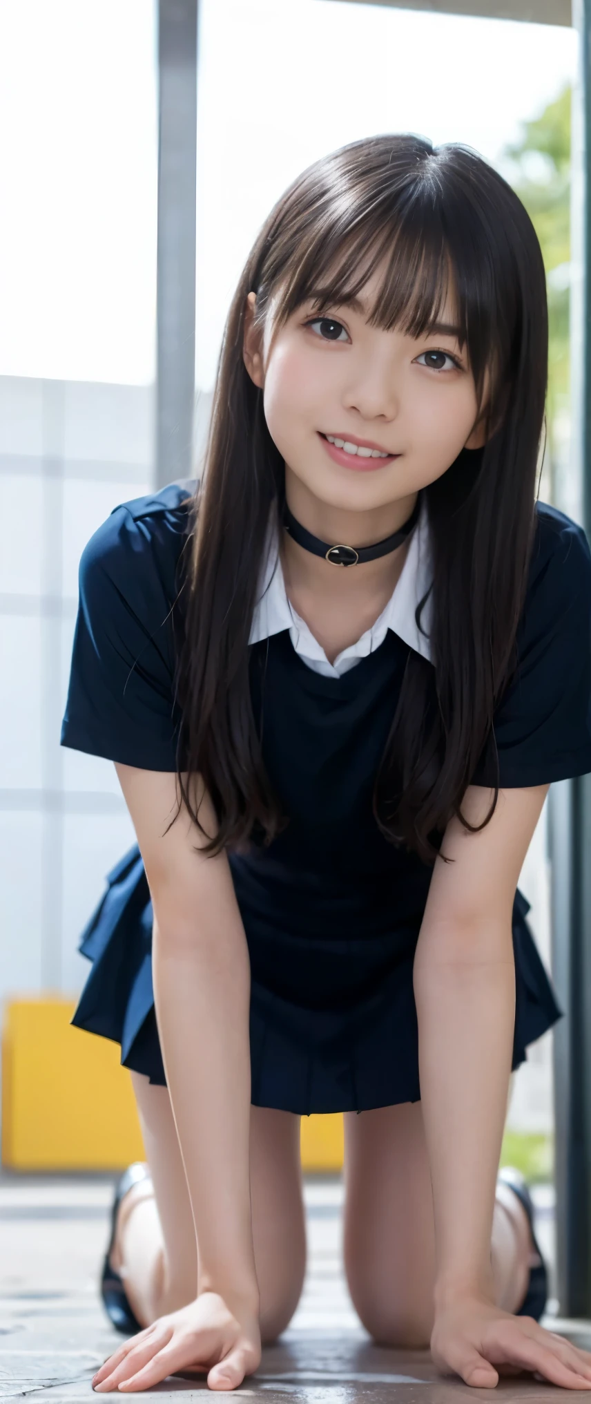 masterpiece, Highest quality, 8K, Young beautiful girl, 、Clothed Big Tits、((((((10 years Large Breasts:1.3)), photo shoot, Cute face,  Embarrassing、smile、 makeup, Ten generations, Detailed face, Long Hair、Black Hair、Narrow waist,((school uniform、White shirt、Checkered mini skirt))、Black knee-high socks,