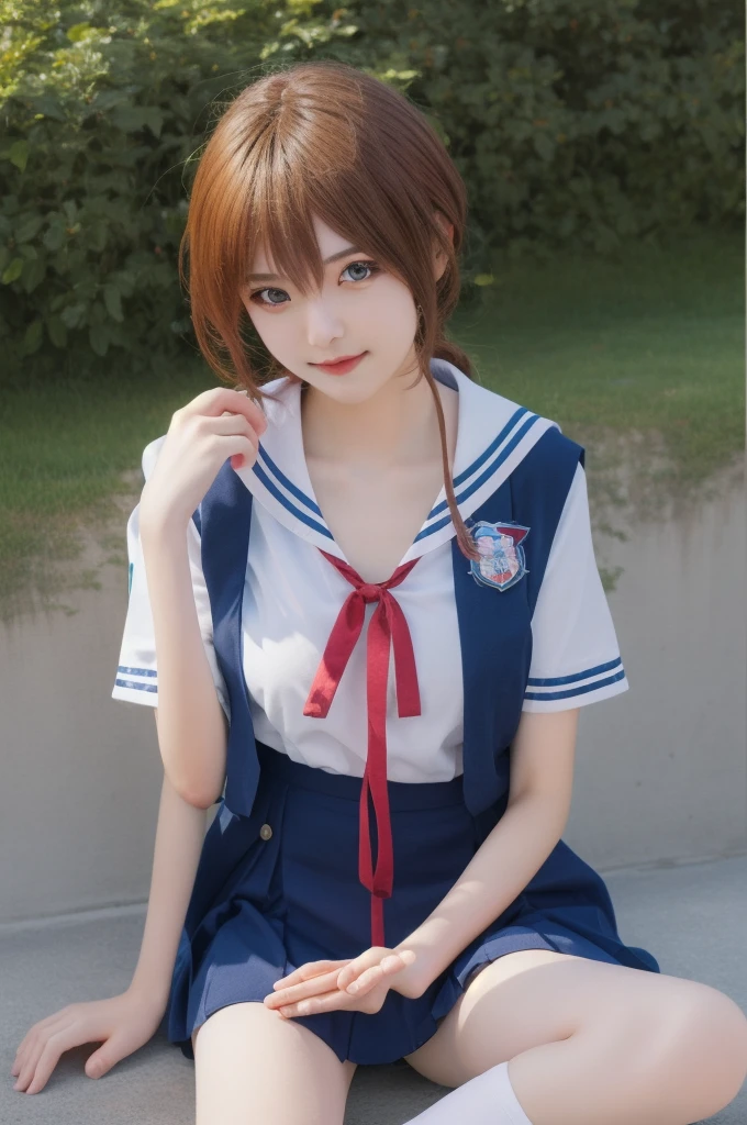 ltra-detailed,highly detailed,best quality,masterpiece,illustration,realistic,photorealistic,
clannad, hikarizaka private high , summer uniform, 
1girl, solo, cosplay, 
looking at viewer, upper body, 
athletic, perfect body, 