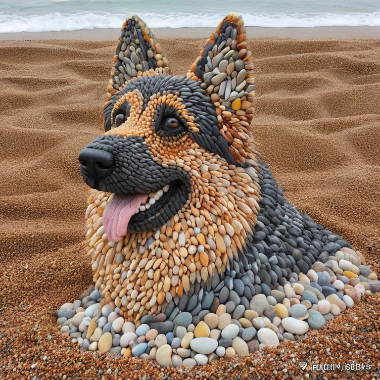 Alafiid dog made of pebbles on the beach，Smiling, realistic art, amazing art, incredible art, realistic artwork, stone art, Highly detailed 3D art, german shepherd, amazing artwork, Superb and complex artwork, beautiful dog head, realistic rock figurine, High Detail Art, Intricate masterpiece of art, Incredibly detailed art, amazing art, Highly detailed digital art