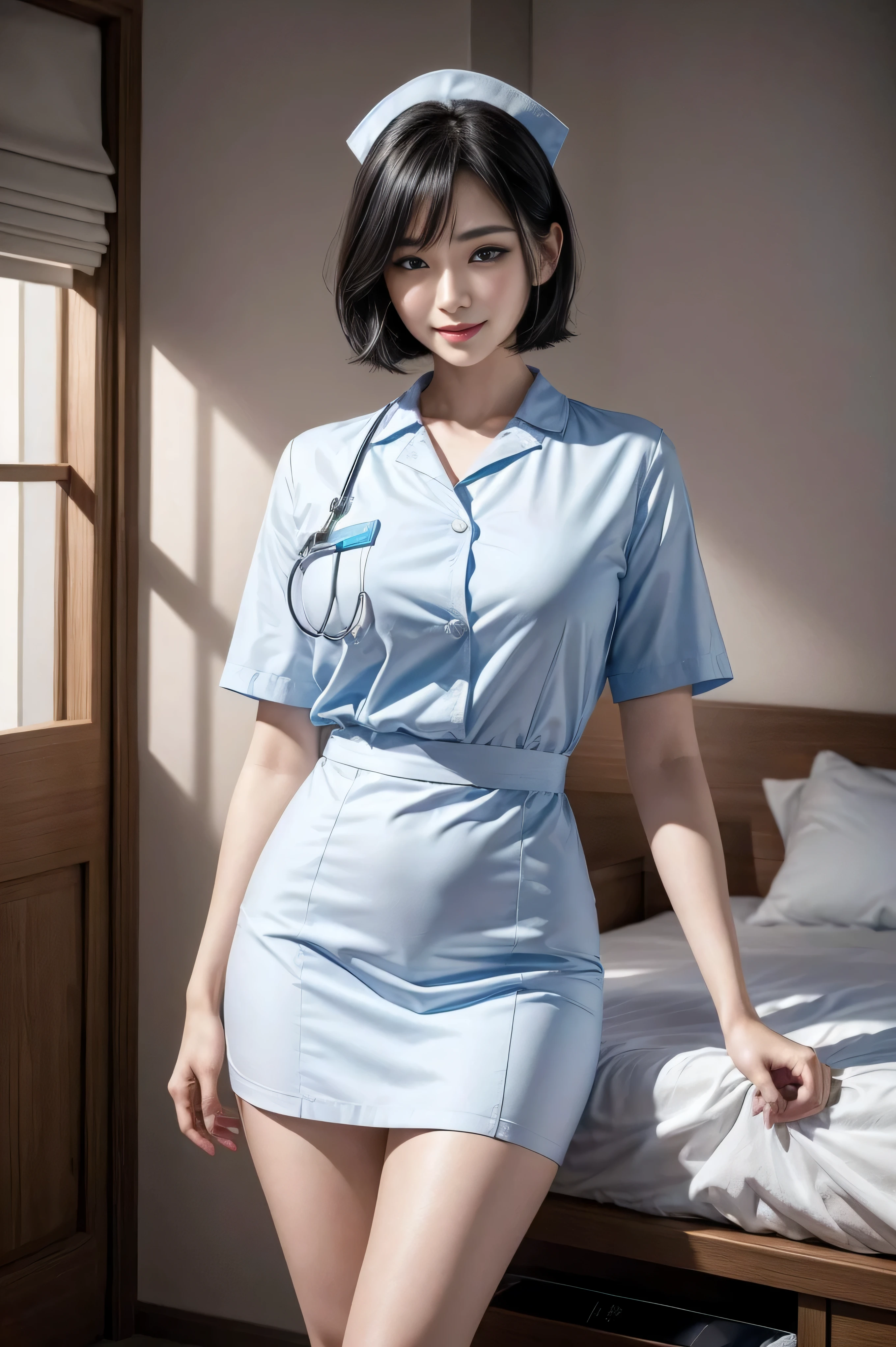 (3 Ultimate Beauty Nurse)、{{{masterpiece}}}, {Oh oh oh, Oh, really:1.2}, best quality, official art, Highly detailed CG Unity 8k wallpaper, The facial details are very rich、delicate lips、delicate eyes、double eyelids、((black bob hair))、(Nurse:1.3)、(charming figure)、(huge)、((Open your mouth and smile: 1.8, cute smile: 1.8)), solo, Short hair details, vibrant smile, blue eyes,with eyes_Tokar, {Beautiful detailed gradient eyes}, red lips,thigh, thigh, thigh, perfect fit, Perfect Image Realism, background with: (hospital ward:1.2), cow boy shooting, Detailed background, detailed clothing, Wear a nurse hat,Wear Nurse Clothes,perfect lighting、Surreal、(Realism:1.4)、8K maximum resolution, (masterpiece), The content is very detailed, professional,