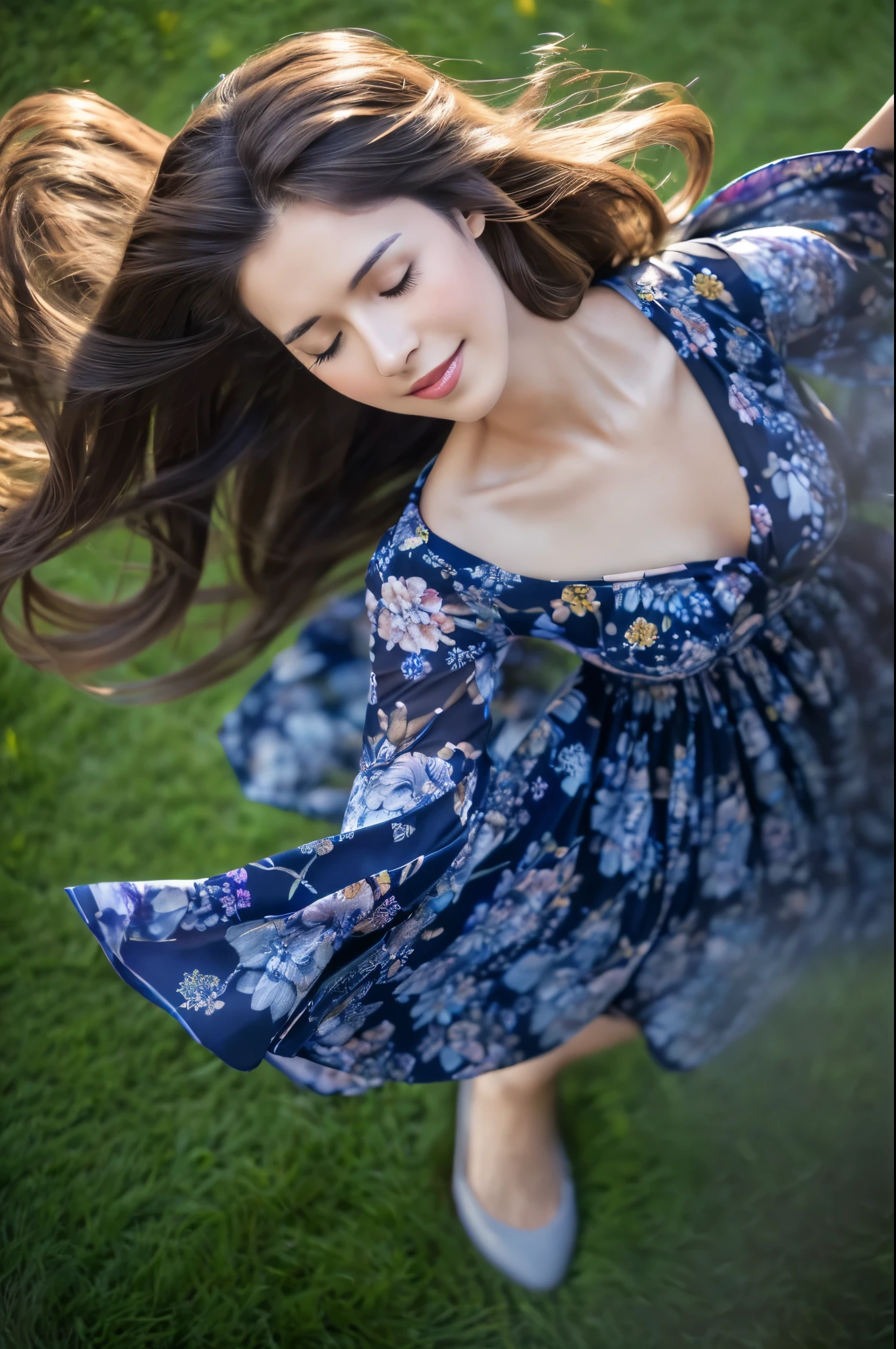 (Low angle shot), full body portrait, award-winning glamorous photography,((best quality)), (((masterpiece)), ((realistic)), beautiful 28-year-old woman, (long brown hair), brown eyes, innocent, a beautiful brunette woman twirling and dancing on a lawn in the moonlight, ((her head tilted back)), dreamy expression, ((eyes closed)), wearing a summer dress with a tiny blue and purple flower print, a summer night, dark sky, dark starry sky, dramatic composition, epic scale, sense of awe, ultra-high res.photorealistic:.1.4, (high detailed skin:1.2), 8k uhd, dslr, high quality, film grain, Fujifilm XT