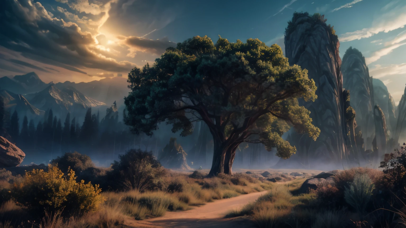 (masterpiece), (photorealistic), professional light,alien planet, alien vegetation, epic, epic background, diffused light, mysterious atmosphere, dinamic, 8k, overallDetail:1.5