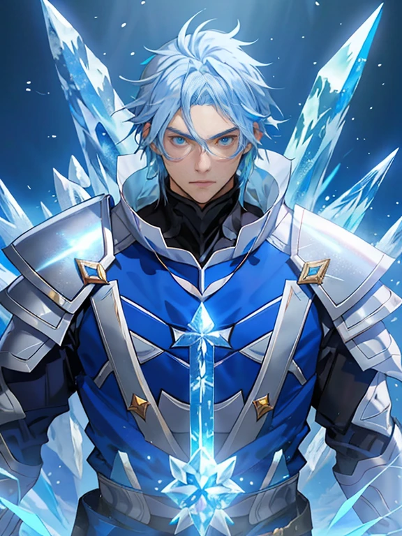 Anime characters with blue hair and blue eyes in snowy scenes, Ice Mage, Tall anime guy with blue eyes, freezing blue skin, Key anime art, Kazuto Okada。, male anime character, Ice crystal armor, Detailed key anime art, full portrait of magical knight, blue and ice silver color armor, with ice powers