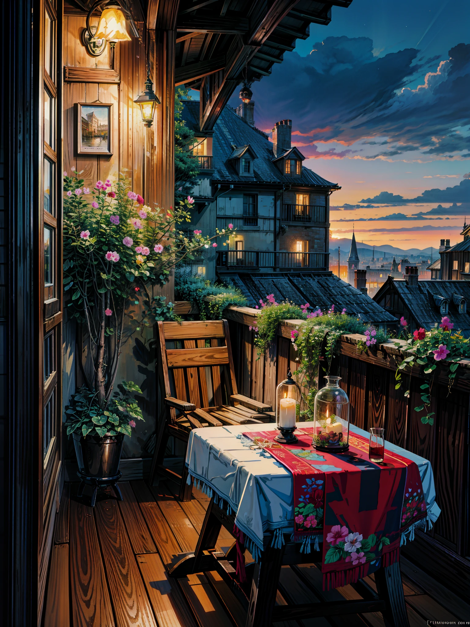 a painting of a table and chairs on a balcony, by Evgeny Lushpin, beautiful terrace, inspired by Evgeny Lushpin, rooftop romantic, romantic atmosphere, tomas kinkade, terrace, dreamy night, paris background, serene evening atmosphere, romantic scene, thomas kinkade style painting, thomas kinkade painting, romanticism painting, kinkade, by Thomas Kinkade, 4k hd,, beautiful art uhd 4 k, a beautiful artwork illustration, beautiful digital painting, highly detailed digital painting, beautiful digital artwork, detailed painting 4 k, very detailed digital painting, rich picturesque colors, gorgeous digital painting