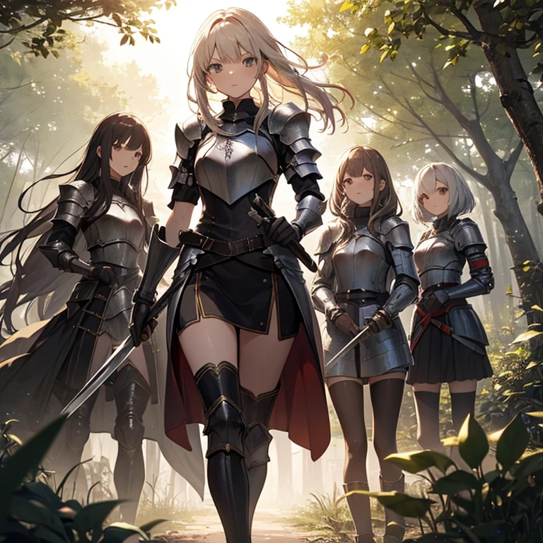A group of small female knight, (in forest), various hair styles, harem, wearing armored clothes, metal armor, night, details face, , short skirt, seducing, sword,