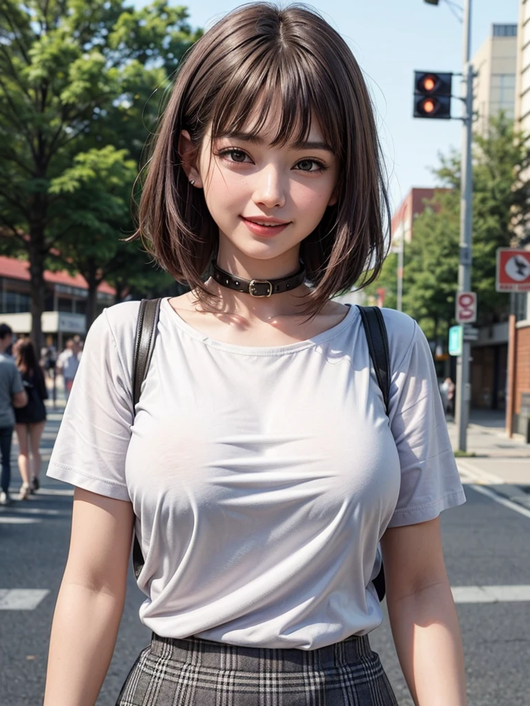 (masterpiece, top-quality、Very attractive adult beauty、Add intense highlights to the eyes),1girl in, solo, Black lustrous hair, realisitic, looking at the viewers, black eyes of light color, shorth hair, hi-school girl, White shirt with collar, White shirt with collar、Short plaid pleated skirt, s lips, lipgloss,bangss, The upper part of the body、big eye、Lashes)、((A street corner full of greenery))、((Shorthair with bangs、big eye、Put very strong highlights in your students、very Bigger breasts、gazing at viewer、Very beautiful beauty、Put your ears out、long neck、little smiling、Beautiful teeth、Open your mouth and smile))、28 year old、Very cute tall adult supermodel,{Gigantic|Big|Huge|Mega} breasts,Light on the Face