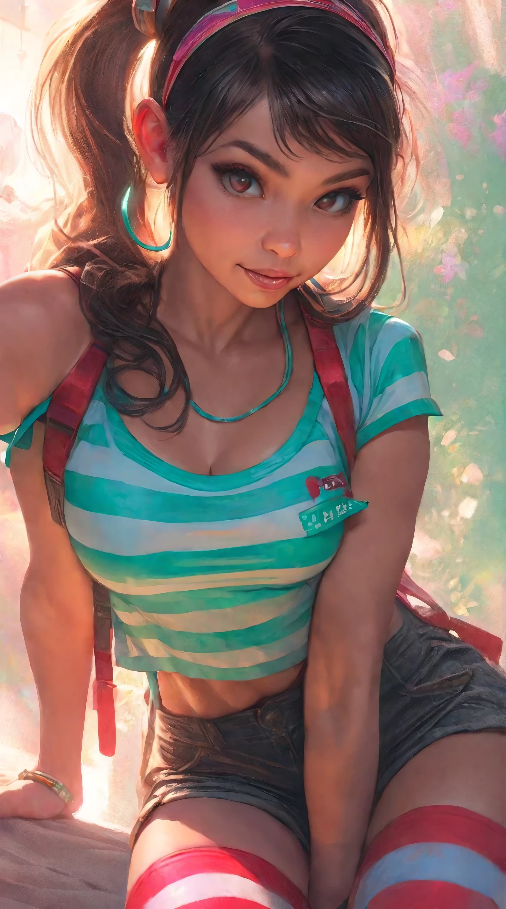illustration by artgerm and donato giancola, attractive woman, perfect body, huge breasts, hyperfeminine curves, cute and playful pose, vibrant, expressive, (best quality,4k,8k,highres,masterpiece:1.2), ultra-detailed, (realistic,photorealistic,photo-realistic:1.37), HDR, UHD, studio lighting, ultra-fine painting, sharp focus, physically-based rendering, extreme detail description, professional, vivid colors, bokeh, portraits
