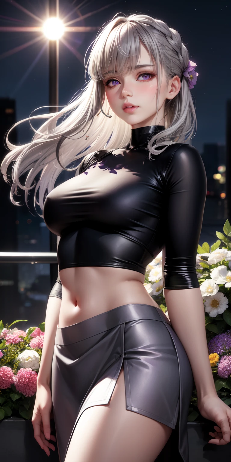 realistic, 1 girl, gray hair, purple eyes, shining eyes, crop top, skirt, parted lips, blush, night, flowers, sun, sunlight,