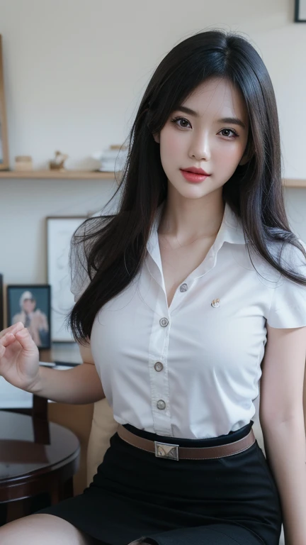 stand , (8k, best quality, masterpiece, ultra highres:1.2) Photo of Pretty thai woman beautiful, beautiful enchanting fashion contemporary painting with , (1girl), (white shirt short sleeves), ((black pencil skirt)), belt , realistic skin texture , round chin, 85 mm art lens, f 1. 2, sharp focus, 8 k high definition, insanely detailed, intricate, elegant, big breasts , black skirt 