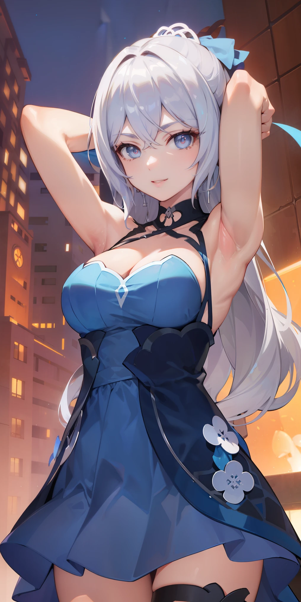 bronya zaychik (silverwing n-ex), bronya zaychik, red pupils,breasts, long hair, dress, grey hair, cleavage, bangs,
glowing grey eyes,
BREAK ((blue dress:1.5))
BREAK single pauldron,
BREAK standing, cowboy shot, smile, autumn,armpits,arm up,
BREAK (masterpiece:1.2), best quality, high resolution, unity 8k wallpaper, (illustration:0.8), (beautiful detailed eyes:1.6), extremely detailed face, perfect lighting, extremely detailed CG, (perfect hands, perfect anatomy),