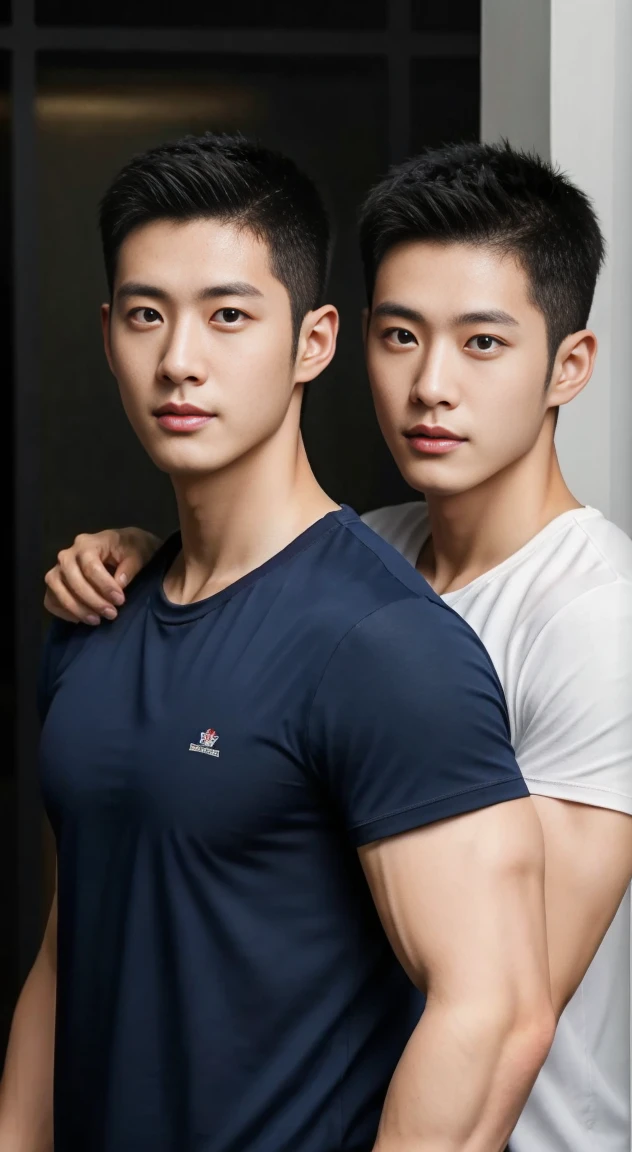 Two male lovers in their 20s took a photo together...., Wear a navy shirt......................, High resolution, masterpiece, best quality, head:1.3,((Hasselblad photos)), delicate skin, Full chest muscles，abdominal muscles，topless，Ultra-thin tight baseball pants，very handsome，Clear focus, (Cinema lighting), night, soft light, Dynamic angle, [:(Detailed face:1.2):0.2],(((exercise))), kinetic, Arm muscles are big........., hands on hips.