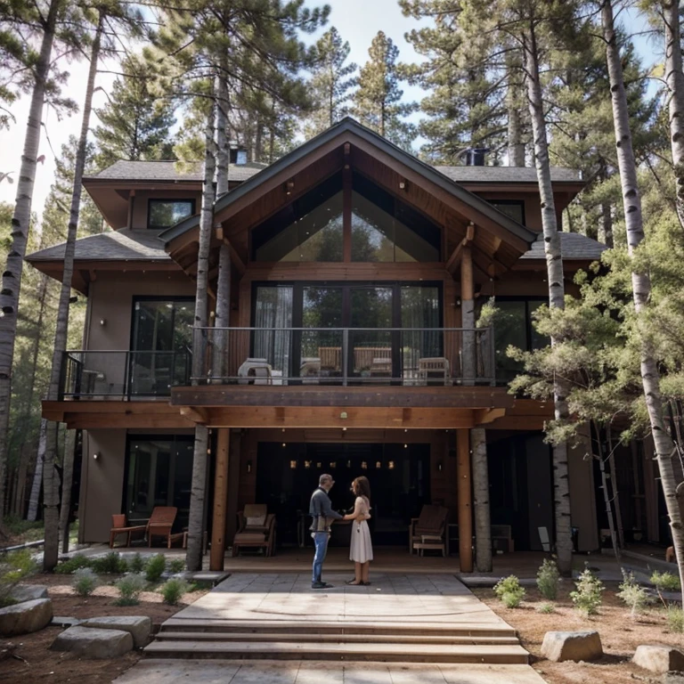 integrate into the house layout a husband and wife couple aged 45+ who are barbecuing in front of the house; change the background from a pine forest to a mixed forest of birch and aspen trees.