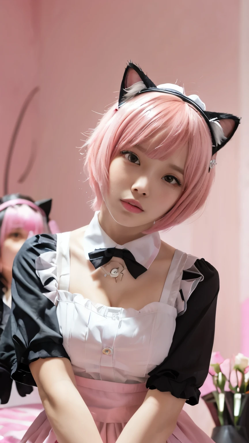 (Emo art:1.6), masterpiece, 4k, Bokeh, high school girls, (Multiple girls:1.6), (Group photo:1.5), beautiful face, (Cat ears:1.3), (pink bob hair:1.6) , (Japanese idol:1.6), Blushed face, (Pink maid costume :1.4), looking at the viewer, closeup,
(Pink background :1.4), (Pink rose millor room:1.6)