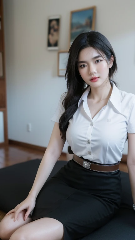 stand , (8k, best quality, masterpiece, ultra highres:1.2) Photo of Pretty thai woman beautiful, beautiful enchanting fashion contemporary painting with , (1girl), (white shirt short sleeves), ((black pencil skirt)), belt , realistic skin texture , round chin, 85 mm art lens, f 1. 2, sharp focus, 8 k high definition, insanely detailed, intricate, elegant, big breasts , black skirt 