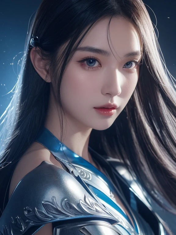 a close up of a woman in a silver and blue dress, chengwei pan on artstation, author：Yang Jie, detailed fantasy art, Stunning character art, Best Art Sites for Fan Art, Epic and beautiful character art, beautiful armor, Extremely detailed Artgerm, Detailed digital animation art, artgerm on artstation pixiv, Armor girl
