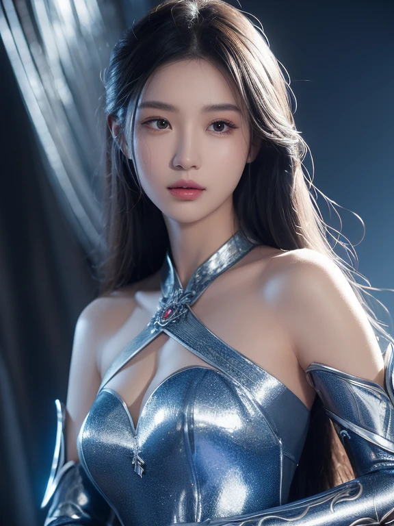 a close up of a woman in a silver and blue dress, chengwei pan on artstation, author:Yang Jie, detailed fantasy art, Stunning character art, Best Art Sites for Fan Art, Epic and beautiful character art, beautiful armor, Extremely detailed Artgerm, Detailed digital animation art, artgerm on artstation pixiv, Armor girl