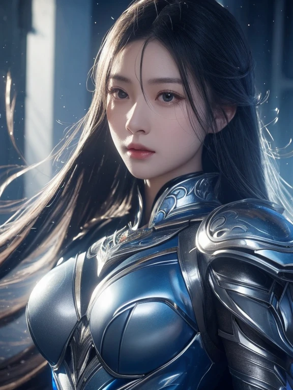 a close up of a woman in a silver and blue dress, chengwei pan on artstation, author:Yang Jie, detailed fantasy art, Stunning character art, Best Art Sites for Fan Art, Epic and beautiful character art, beautiful armor, Extremely detailed Artgerm, Detailed digital animation art, artgerm on artstation pixiv, Armor girl