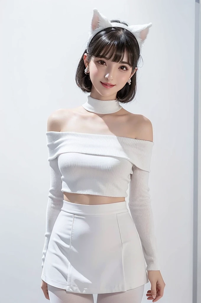 ((masterpiece, top quality)), 1 girl, (photorealistic: 1.4), solo, really snow-white background, black hair, short hair, absolute area, miniskirt, ((beauty, cute, 20 years old, bangs, little smile, white clothes, white outfit, white outfit, ears out, off-shoulder, sleeveless, eyelashes)), big breasts