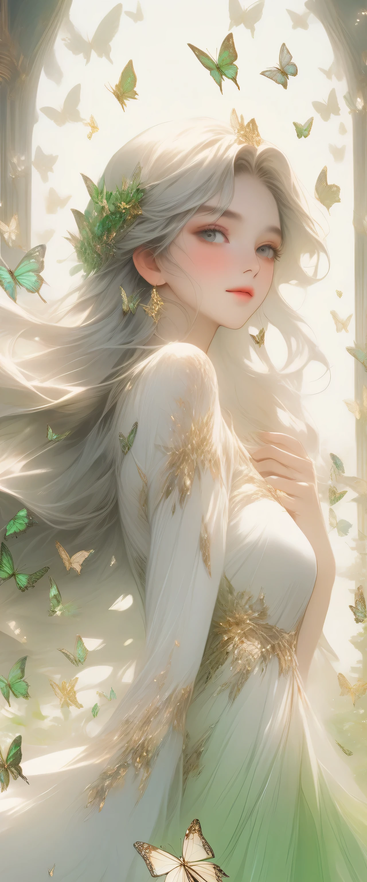 illustration style, anime , realistic ,sketch , 1 girl, 16 years old, A woman in a white dress surrounded by butterflies、Fantasy Art、Beautiful female princess、full body shot、Accurate anatomy body and hands、4 fingers and 1 thumb、Intricately designed tiara、beautiful face、detailed and perfect face、perfect proportions、beautiful curve、big breasts、thin waist、belly button、big ass、gap between crotches、sexy thighs、flowing gray hair、beautiful、Real Disney、The gold color appears naturally、beautiful、beautiful、beautifully dressed 、green、(Countless butterflies: 1.1)、Beautiful and mysterious art、(front lighting)、(Facial Lighting: 1.3 )、fantasy