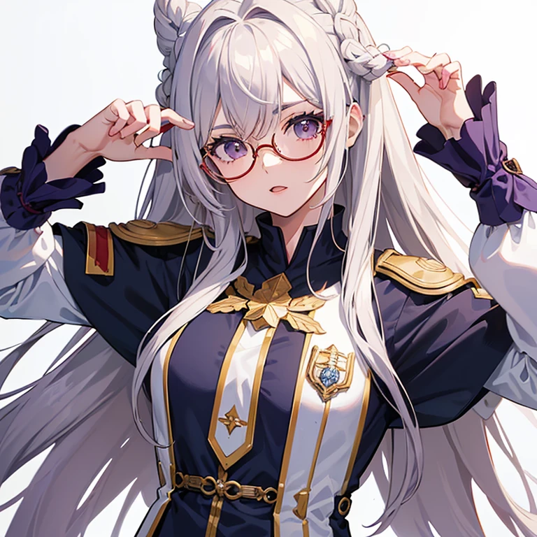 (2d) (cabelo branco) (anime) (corajosa) (high resolution) (garota bonita) (foco no rosto) (she wears glasses) (ela usa uma coroa vermelha com ouro) (ela usa uniforme roxo)