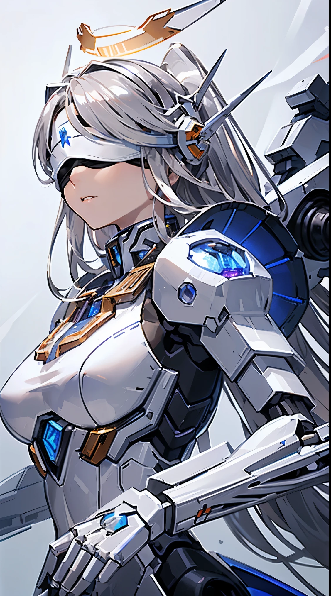 ((8K)), ((32k)), ((highest quality)), ((masterpiece)), ((超A high resolution)), ((T Masterpiece)), ((halo:1.3))、fine skin texture, fine cloth texture, fine metal texture、((beautiful and detailed face))、Raw photo、Professional, Ultra-fine painting, ((solo)), beautiful breasts、highest quality, Super detailed, Super detailed詳細, small details, very beautiful, Princess Knight Robot, (Joint of the machine, mechanical limbs:1.3), (The internal structure of the machine is exposed:1.3), (red long hair 1.1), (Beautiful and huge mechanical breasts)、white veil, cowboy_shot, side focus, headgear, shiny, ((Silver metal machine blindfold:1.8))、 (five fingers, 4 fingers and 1 thumb),concept art, anime fantasy artwork, detailed fantasy art, (with pale blue-violet hair and large white wings,,), (((long hair))), (Mecha:1.6)Sleek and menacing design, ((Armament of the Supreme Commander-in-Chief)), (perfect robot body)、Pure white and blue-purple armor, symmetrical wings, 8K high quality detailed art, 3D rendering of character art in 8K, clear legs, defined, defined fingers, NSFW、((head shot:1.3))