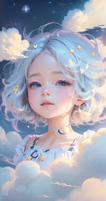 (best quality,4k,8K,High resolution,master piece:1.2), The girl in the cloud has hair as fluffy as a cloud。small star。light colored hair。In a dream。dream illustration。Dream colors。Children&#39;s illustration style。Draw a full moon in the background