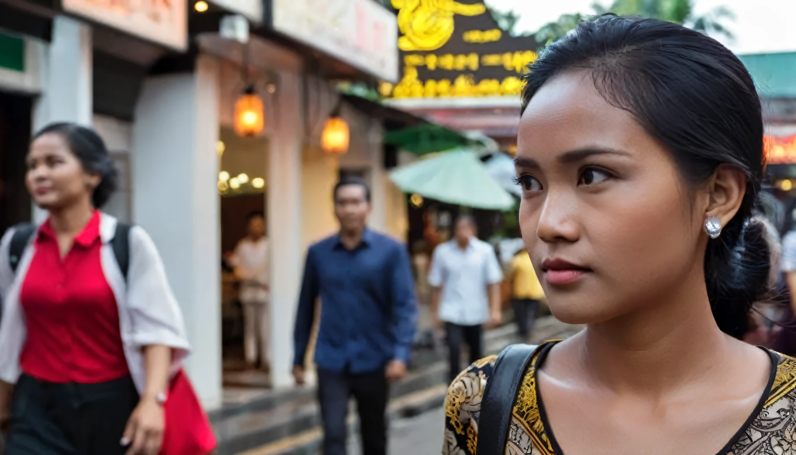 extreme close up face, beautiful indonesian woman walking in front of indonesian restaurants among buzy pedestrians
