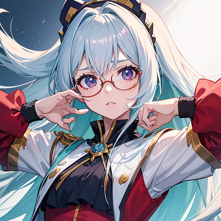 (2d) (cabelo branco) (anime) (corajosa) (high resolution) (garota bonita) (foco no rosto) (she wears glasses) (ela usa uma coroa vermelha com ouro) (ela usa uniforme roxo)