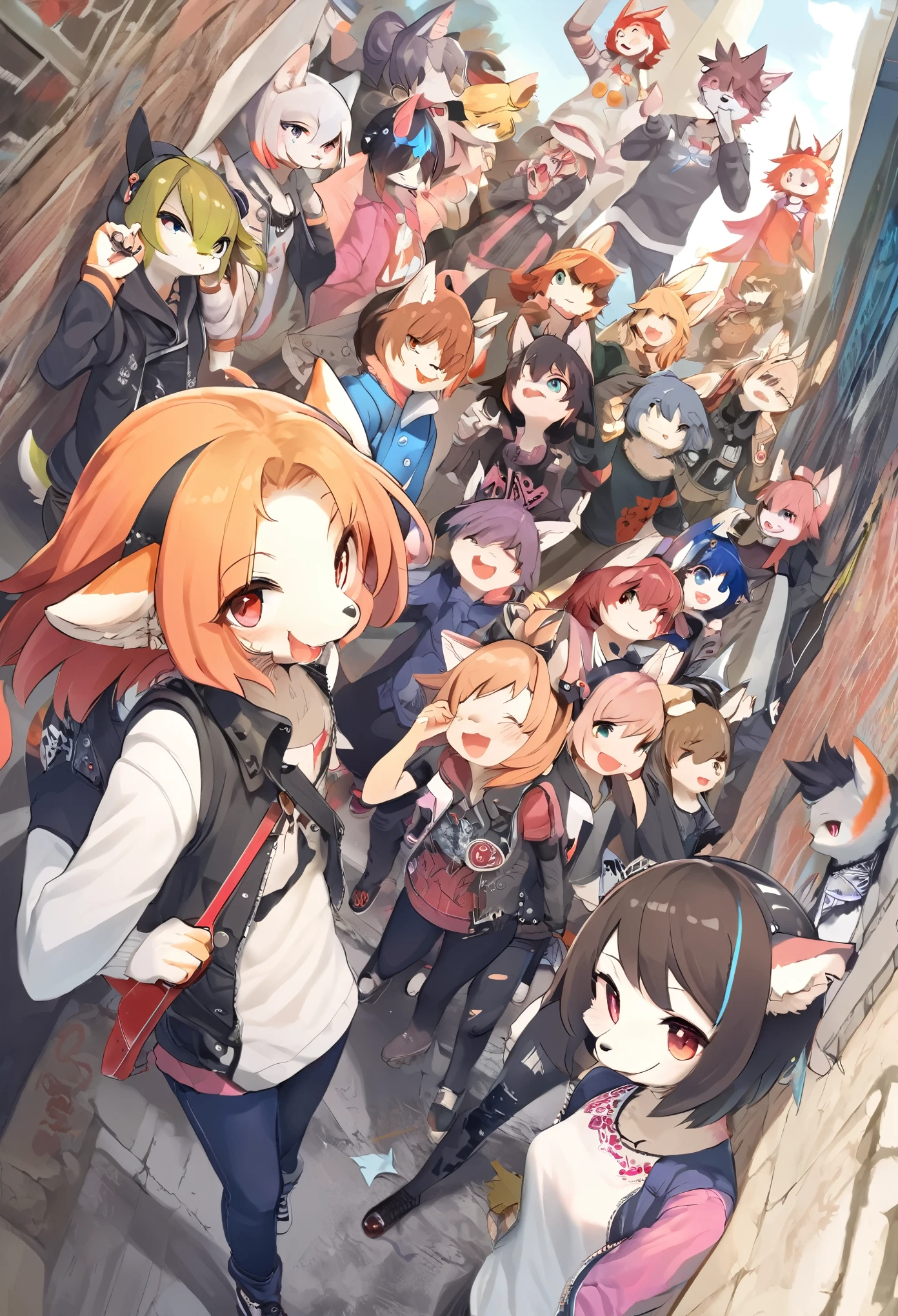 dynamic angle, top quality, best quality, High-quality illustrations, masterpiece, super high resolution, detailed background, detailed background, Stylish CD jacket, punk rock, torn Clothes, street, Concrete wall, group shot:0.1, 6+boys, 6+girls, Happy, joyful, absurdres(highly detailed beautiful face and eyes)perfect anatomy(kemono, furry anthro),