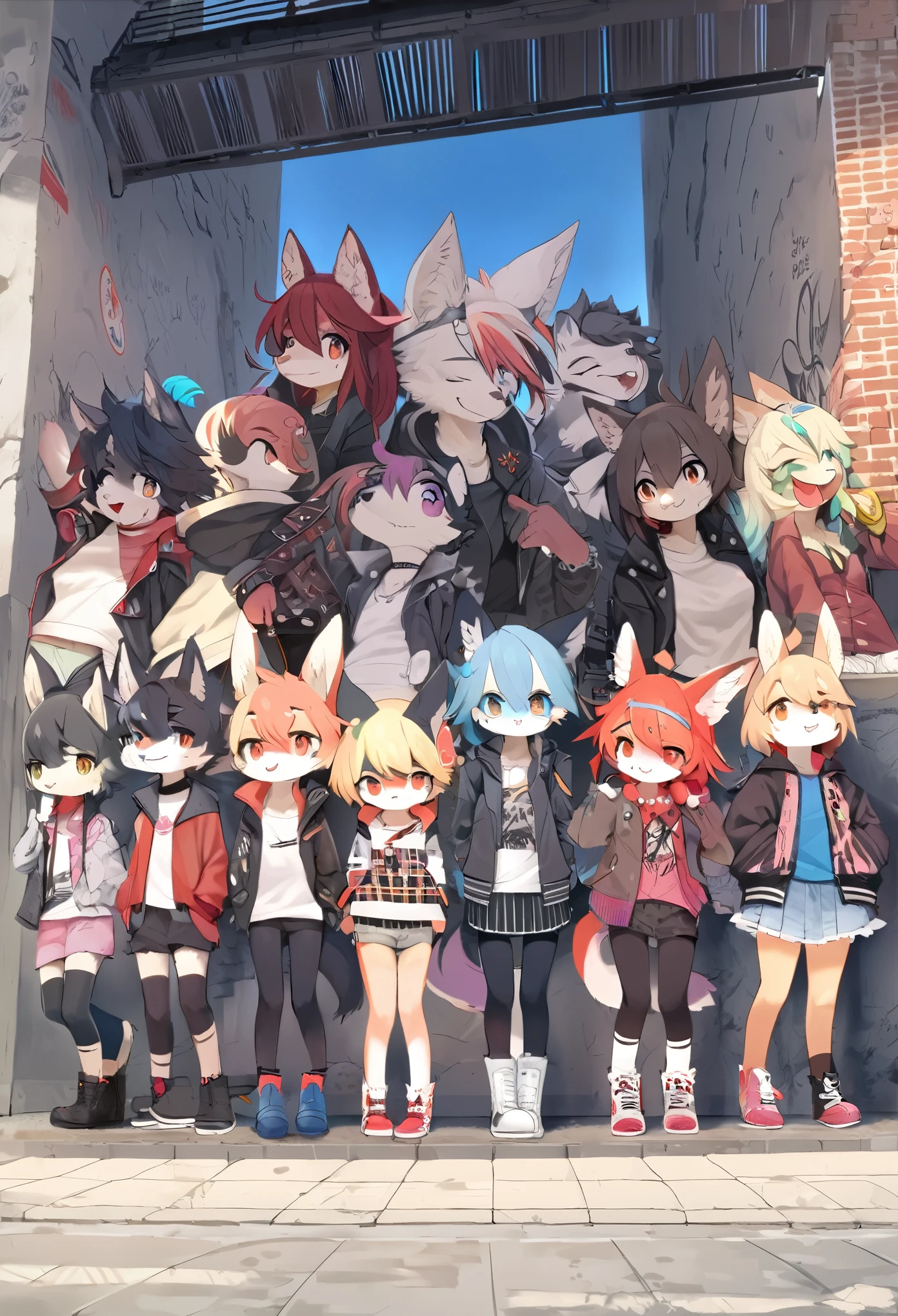 dynamic angle, top quality, best quality, High-quality illustrations, masterpiece, super high resolution, detailed background, detailed background, Stylish CD jacket, punk rock, torn Clothes, street, Concrete wall, group shot:0.1, 6+boys, 6+girls, Happy, joyful, absurdres(highly detailed beautiful face and eyes)perfect anatomy(kemono, furry anthro),