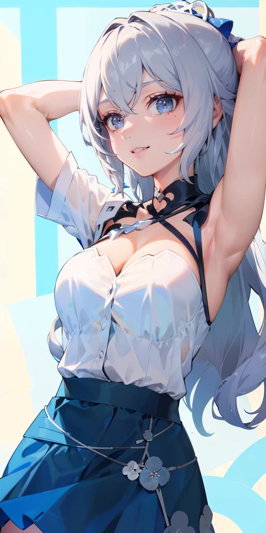 bronya zaychik (silverwing n-ex), bronya zaychik, red pupils,breasts, long hair, dress, grey hair, cleavage, bangs, (glowing grey eyes:1.2), 
BREAK ((white shirt and blue skirt and a polka dot:1.5))
BREAK single pauldron, 
BREAK standing, cowboy shot, smile, autumn,armpits,arm up,
BREAK (masterpiece:1.2), best quality, high resolution, unity 8k wallpaper, (illustration:0.8), (beautiful detailed eyes:1.6), extremely detailed face, perfect lighting, extremely detailed CG, (perfect hands, perfect anatomy),