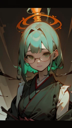 ｛(masterpiece), (High resolution), (super delicate), (clear), Comic style illustration, Japanese painting, Old picture scroll style, (snap shot), (Creepy), Japanese carving, antique, dark atmosphere, flat illustration｝、(((Frontal upper body photo))),((green cyberpunk girl)),glasses、drooping eyes、high nose、Lightning bolt tattoo on neck、 ((in a dream)),
