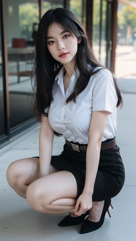 Squatting down , (8k, best quality, masterpiece, ultra highres:1.2) Photo of Pretty thai woman beautiful, beautiful enchanting fashion contemporary painting with , (1girl), (white shirt short sleeves), ((black pencil skirt)), belt , realistic skin texture , round chin, 85 mm art lens, f 1. 2, sharp focus, 8 k high definition, insanely detailed, intricate, elegant, big breasts , black skirt 