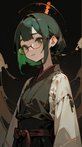 ｛(masterpiece), (High resolution), (super delicate), (clear), Comic style illustration, Japanese painting, Old picture scroll style, (snap shot), (Creepy), Japanese carving, antique, dark atmosphere, flat illustration｝、(((Frontal upper body photo))),((green cyberpunk girl)),glasses、drooping eyes、high nose、Lightning bolt tattoo on neck、 ((in a dream)),
