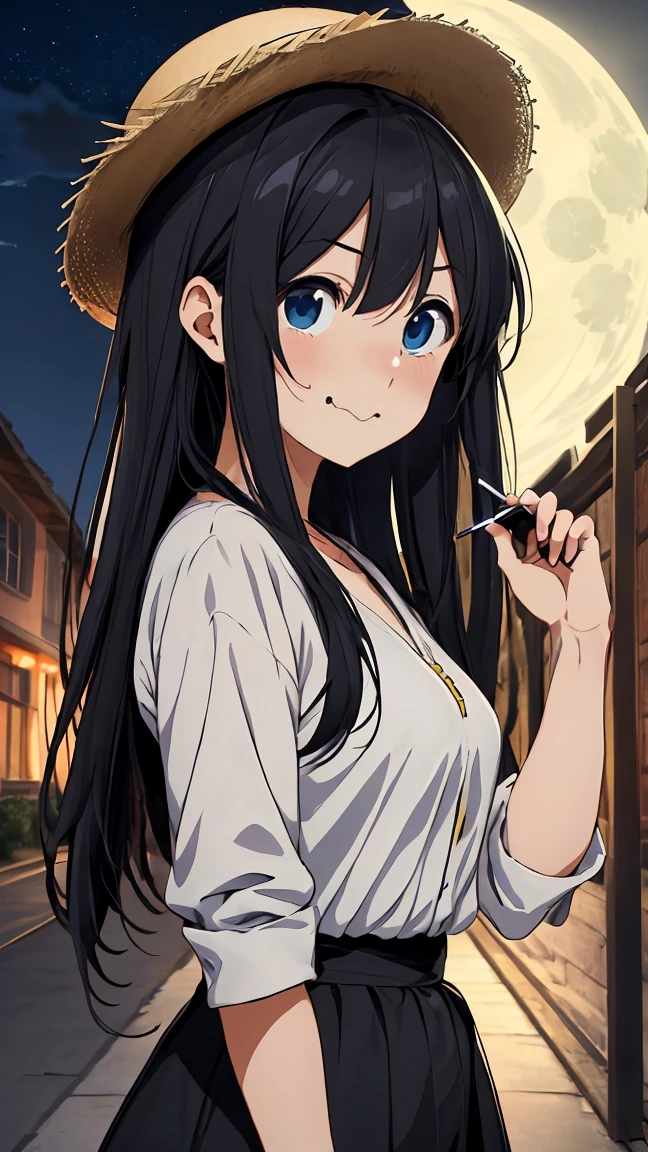 (masterpiece, Highest_quality), very_be familiar with_cg, unity 8k wallpaper, wonderful_Are you okay_figure, Anime girl with long black hair wearing a straw hat, small breasts, (shy smile), anime style 4k, beautiful anime portrait, anime moe art style, anime art wallpaper 4k, anime art wallpaper 4k, High quality anime art style, anime style portrait, Gweiz, artwork in the style of Gweiz, be familiar with digital anime art, anime art wallpaper 8k, cute anime girl portrait, Moonlight night, whole body, break perfect_hand, nice_refer tos, 5_refer to, 4_refer to,1_親refer to,