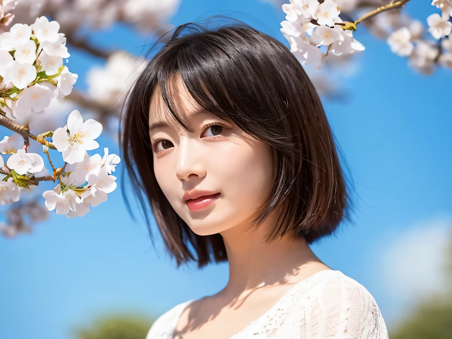 highest quality、cherry blossoms、full bloom、petal、SakuraFubuki、spring、medium hair、short hair、blue sky、straight face、