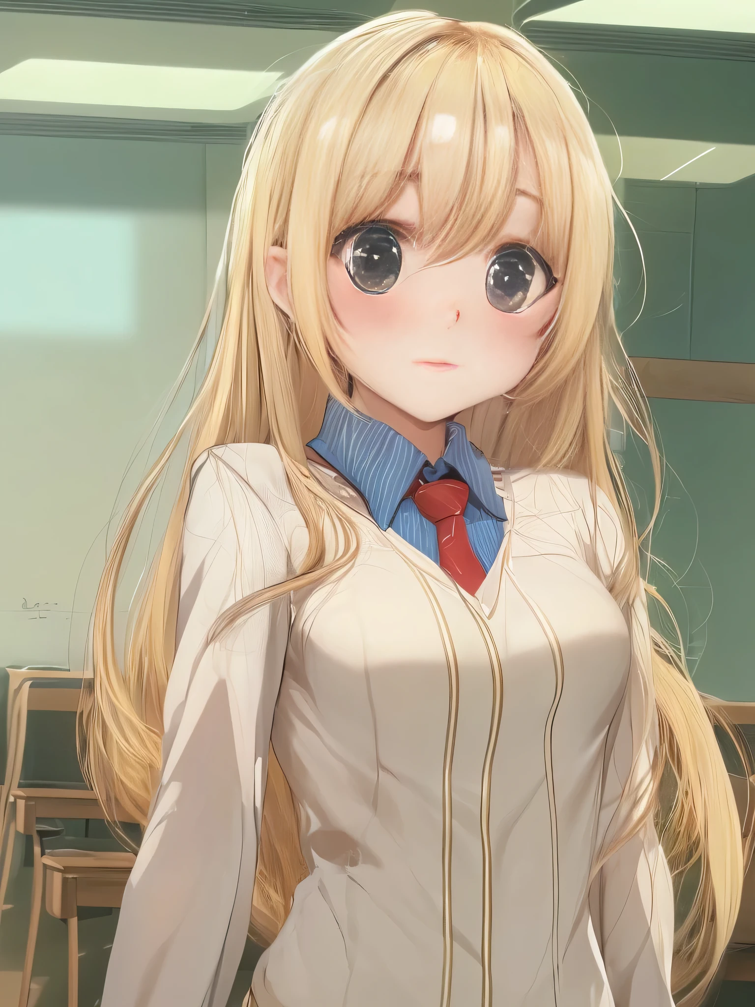 blonde teacher, exposed butthole, playful gaze, looks back, long hair, classroom --auto --style anime-imagine -