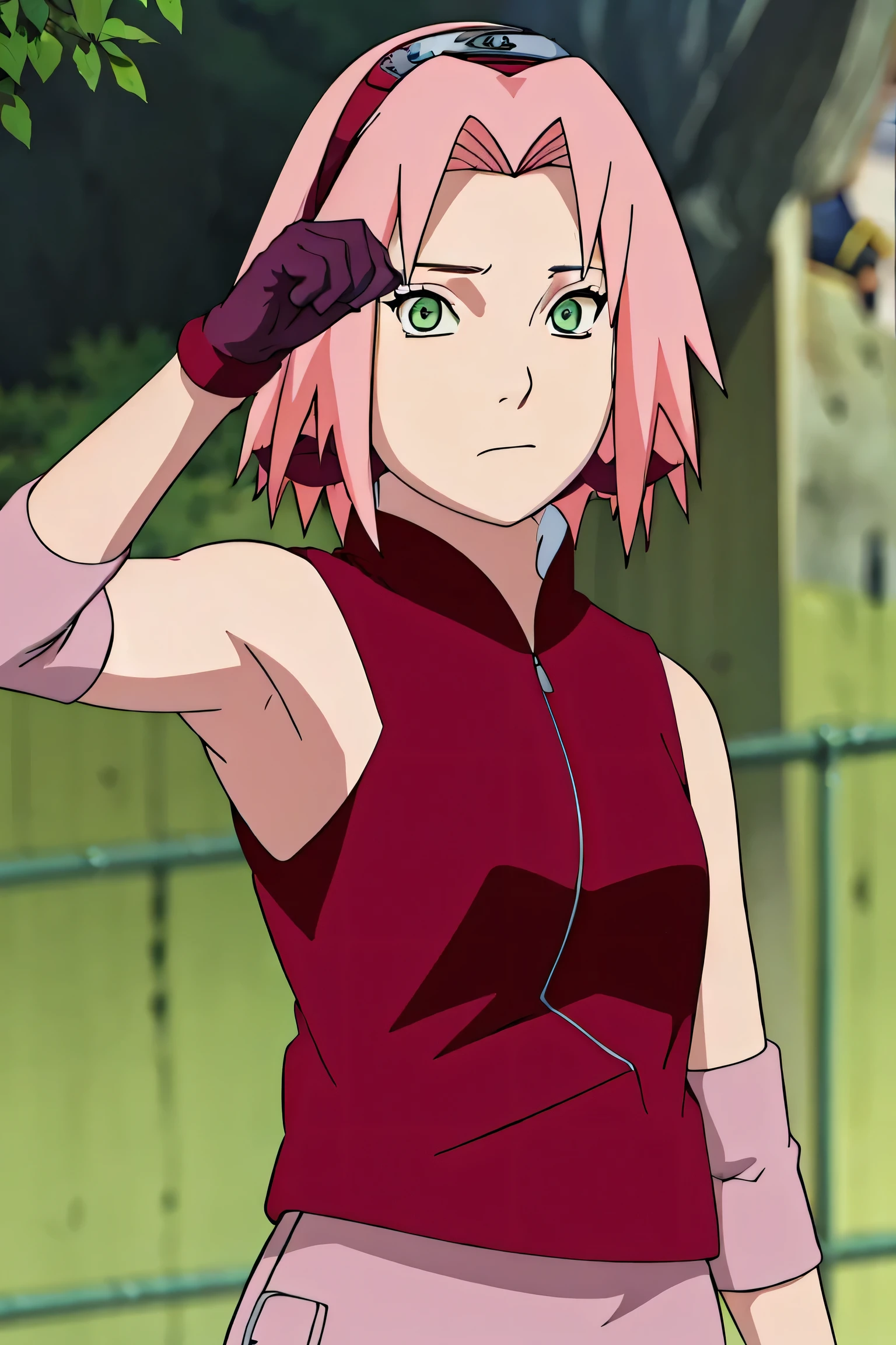 sakura haruno, sakura shippuden, upper body, armpits, showing armpits, sleeveless, masterpiece, 1 girl, green eyes, posing, elbow covers, black gloves