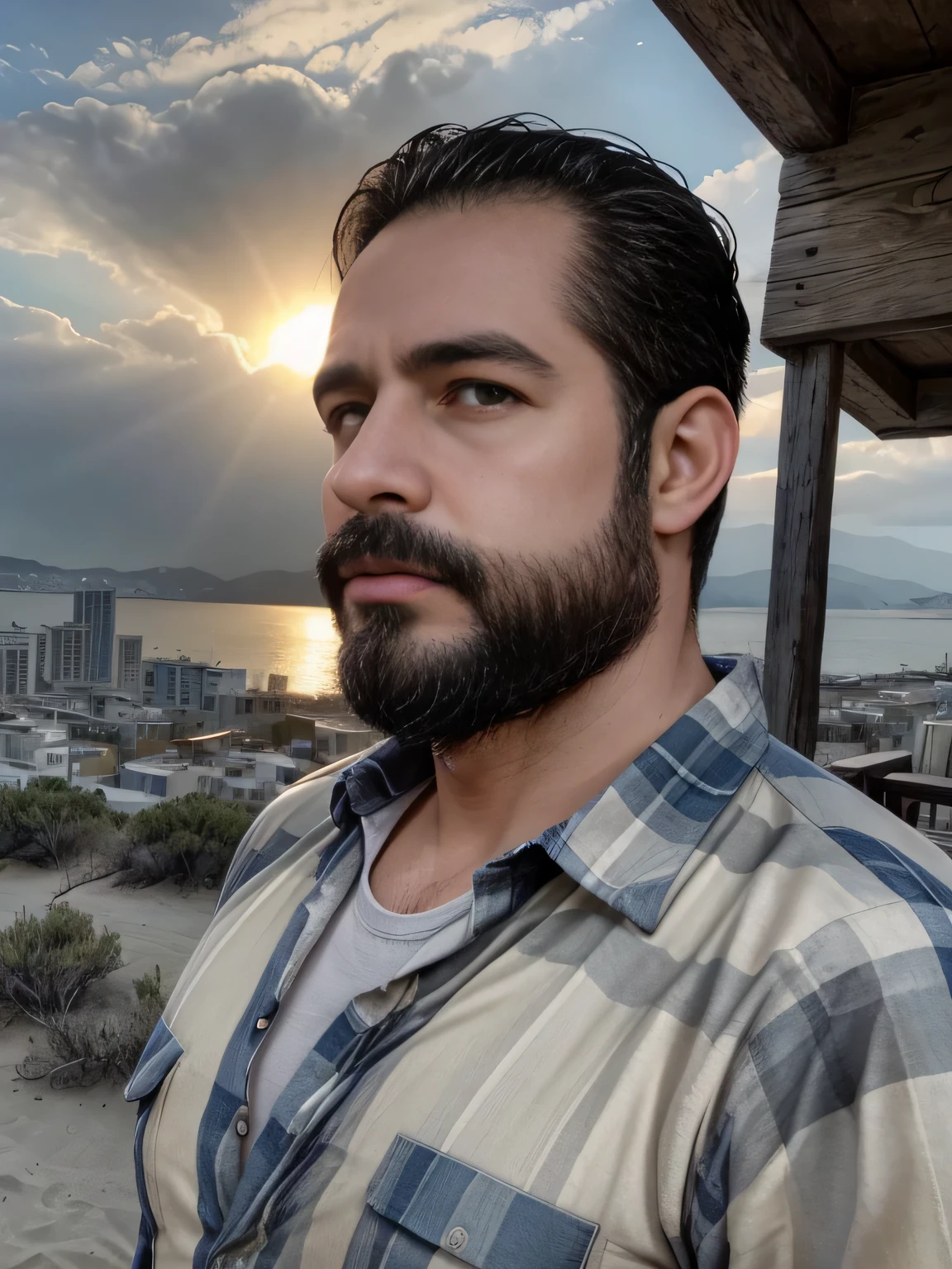 obra maestra, Mejor calidad, high resolution, Retrato de primer plano, (1 chico:1.4) A man in a lumberjack suit (rayas horizontales), muscular, (con camisa: 1.2) enfoque masculino, enfocarse solo, piel bronceada, 38-year old man,  muscular, fuerte, peludo, Masculino, (descamisado: 1.2), al fondo una playa, in a city with a lot of traffic and pollution, amazing composition, Vista frontal, HDR, volumetric lighting, (plano general, desde el frente:1.2) (GS-Macho :1.5) (magnificent landscape:1.2)