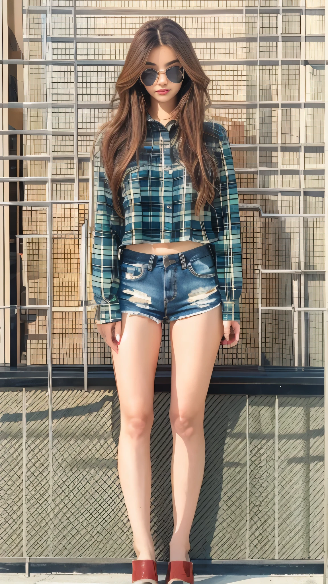 A beautiful woman wearing a knotted plaid shirt, denim shorts, narrow waist, --auto --style art-imagine -