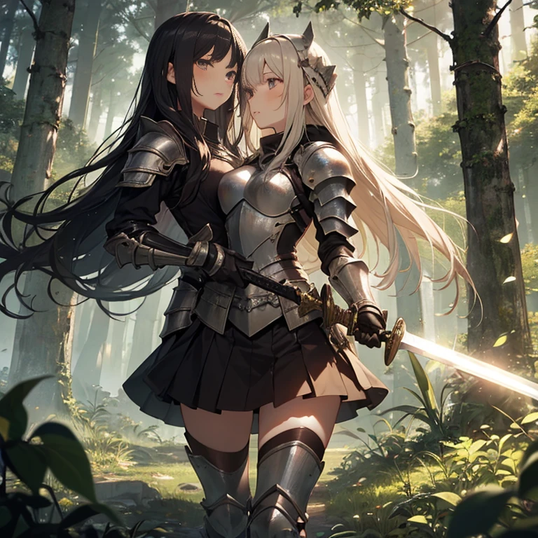 A group of young female knight, (in forest), various hair styles, harem, wearing armored clothes, metal armor, night, details face, , short skirt, seducing, sword,