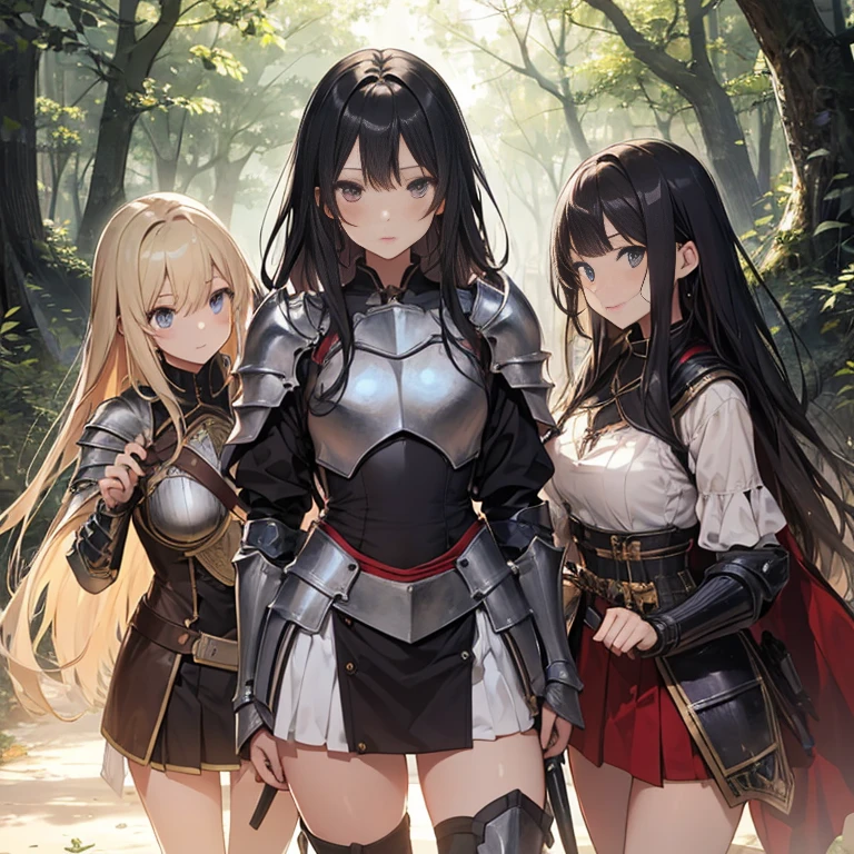 A group of young female knight, (in forest), various hair styles, harem, wearing armored clothes, metal armor, night, details face, , short skirt, seducing, sword,