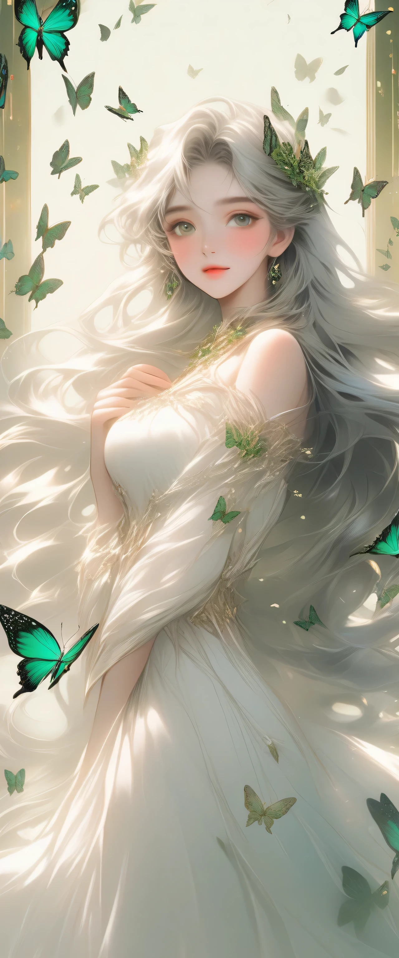 illustration style, anime , realistic ,sketch , 1 girl, 16 years old, A woman in a white dress surrounded by butterflies、Fantasy Art、Beautiful female princess、full body shot、Accurate anatomy body and hands、4 fingers and 1 thumb、Intricately designed tiara、beautiful face、detailed and perfect face、perfect proportions、beautiful curve、big breasts、thin waist、belly button、big ass、gap between crotches、sexy thighs、flowing gray hair、beautiful、Real Disney、The gold color appears naturally、beautiful、beautiful、beautifully dressed 、green、(Countless butterflies: 1.1)、Beautiful and mysterious art、(front lighting)、(Facial Lighting: 1.3 )、fantasy