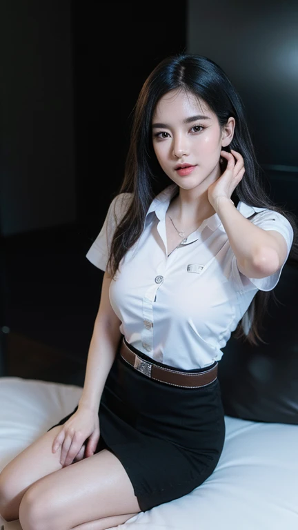 stand , (8k, best quality, masterpiece, ultra highres:1.2) Photo of Pretty thai woman beautiful, beautiful enchanting fashion contemporary painting with , (1girl), (white shirt short sleeves), ((black pencil skirt)), belt , realistic skin texture , round chin, 85 mm art lens, f 1. 2, sharp focus, 8 k high definition, insanely detailed, intricate, elegant, big breasts , black skirt