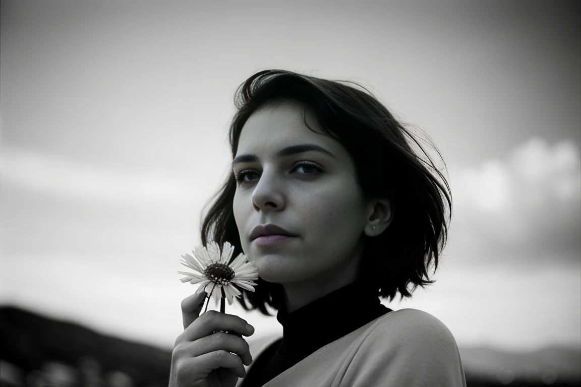 Humanistic Photography，A girl holding a small white flower，emotion，35 mm，
Sebastiao Salgado，Hasselblad X1D，Peter。Lindbergh，(masterpiece，top quality，
best quality，official art，Beautiful and aesthetic:1.2)