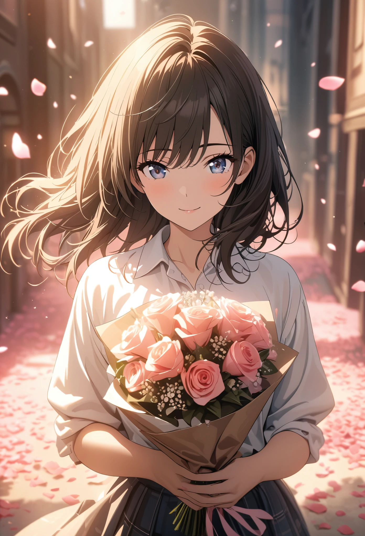 middle view, medium shot, depth of field, broken to pieces, Upper body, movie angle, masterpiece, best quality, super detailed, CG, 8k wallpaper, pretty face, exquisite eyes, a girl, alone, Smile, Bangs, skirt, shirt, have, skirt, bow, petal, bouquet