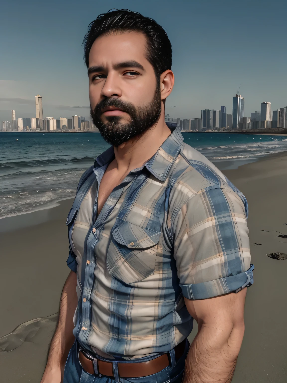 obra maestra, Mejor calidad, high resolution, Retrato de primer plano, (1 chico:1.4) A man in a lumberjack suit (rayas horizontales), muscular, (con camisa: 1.2) enfoque masculino, enfocarse solo, piel bronceada, 38-year old man, muscular, fuerte, peludo, Masculino, (descamisado: 1.2), al fondo una playa, in a city with a lot of traffic and pollution, amazing composition, Vista frontal, HDR, volumetric lighting, (plano general, desde el frente:1.2) (GS-Macho :1.5) (magnificent landscape:1.2)