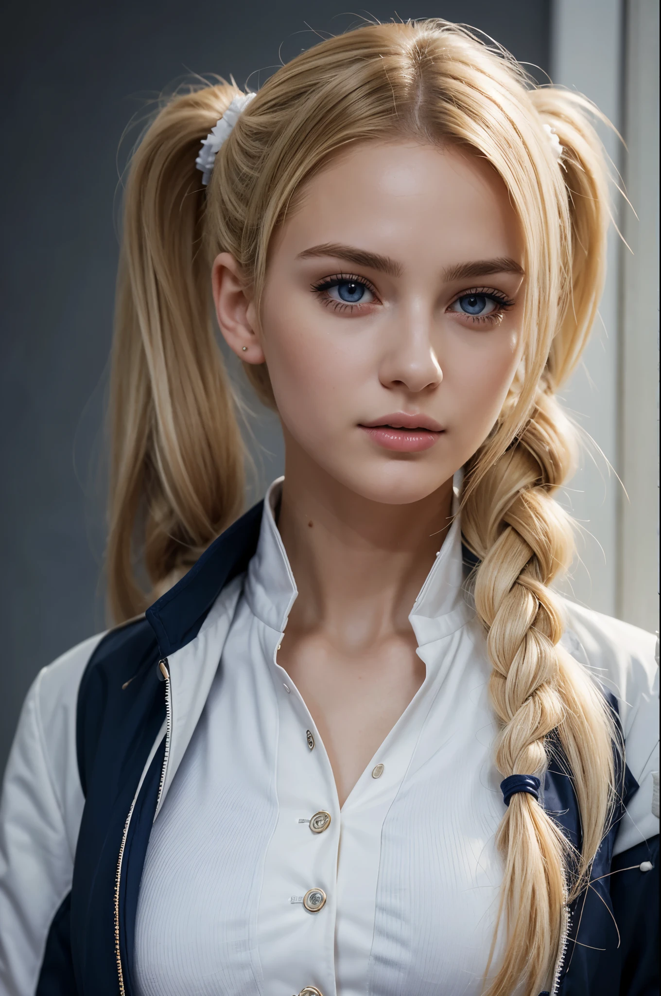 masterpiece, best quality, extremely detailed, hyperrealistic, photorealistic, a beautiful 20s french model, white background, navy jacket:1.2, ultra detailed face, twintails, blonde hair, pale skin, busty breasts, embarrassed
